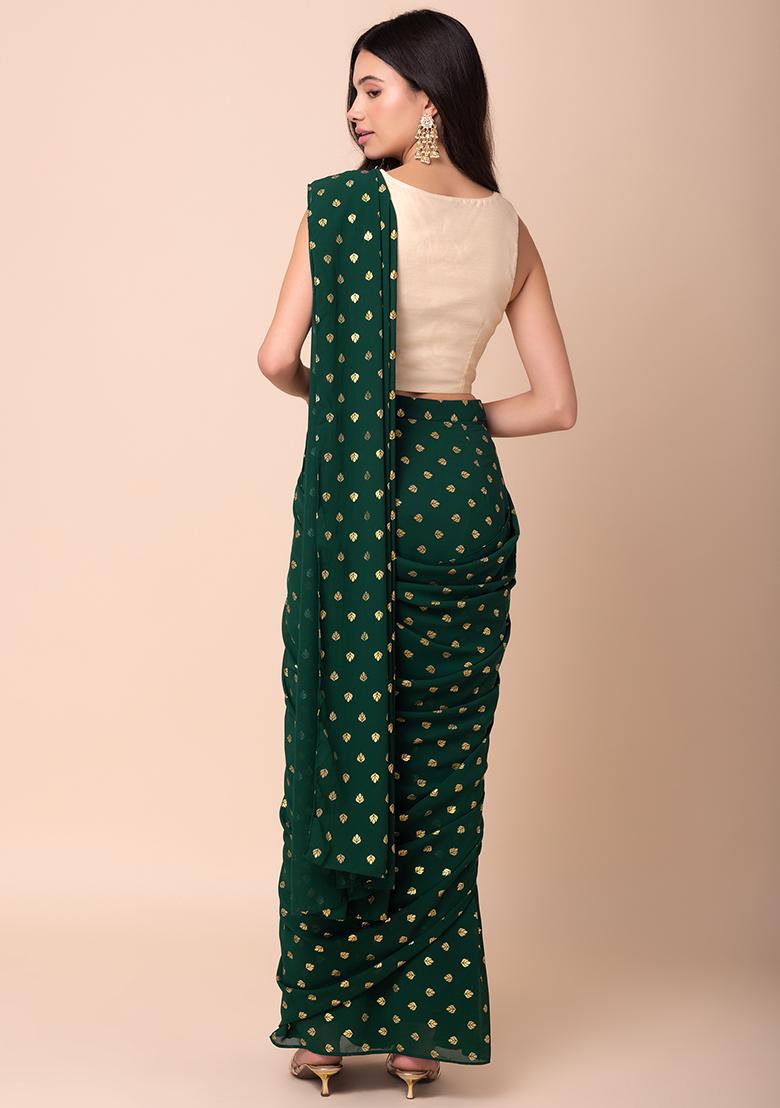Green Foil Leaf Print Pre-Stitched Saree (Without Blouse)