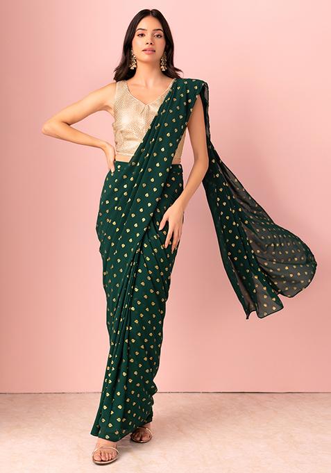 Green Foil Leaf Print Pre-Stitched Saree (Without Blouse)
