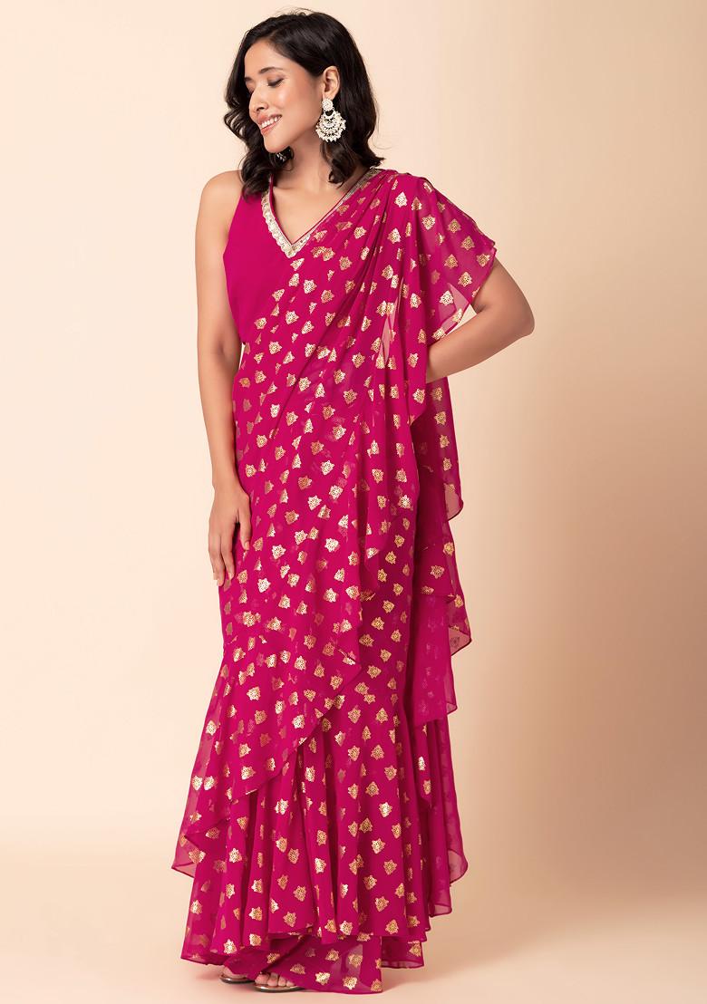 Dark Pink Foil Print Pre-Stitched Ruffled Saree (Without Blouse)