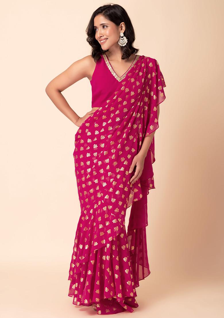 Dark Pink Foil Print Pre-Stitched Ruffled Saree (Without Blouse)