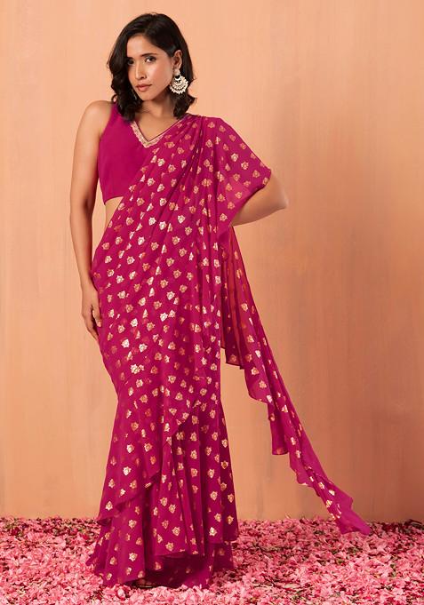 Dark Pink Foil Print Pre-Stitched Ruffled Saree (Without Blouse)