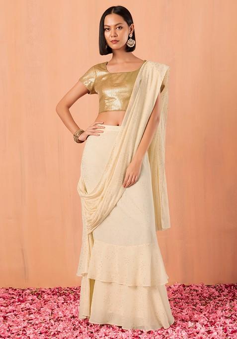 Ivory Foil Print Ruffled Pre-Stitched Saree (Without Blouse)