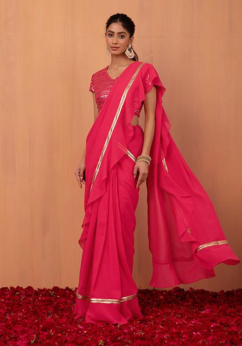 Hot Pink Pre-Stitched Saree (Without Blouse)