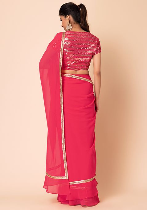 Buy Women Hot Pink Pre Stitched Saree Without Blouse Sarees Indya 9330