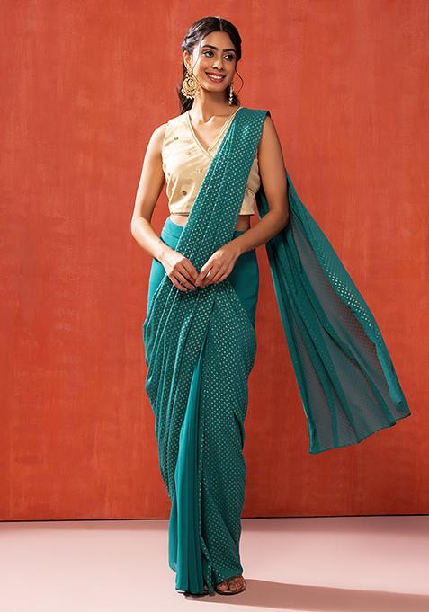 Green Foil Print Pre-Stitched Saree (Without Blouse)