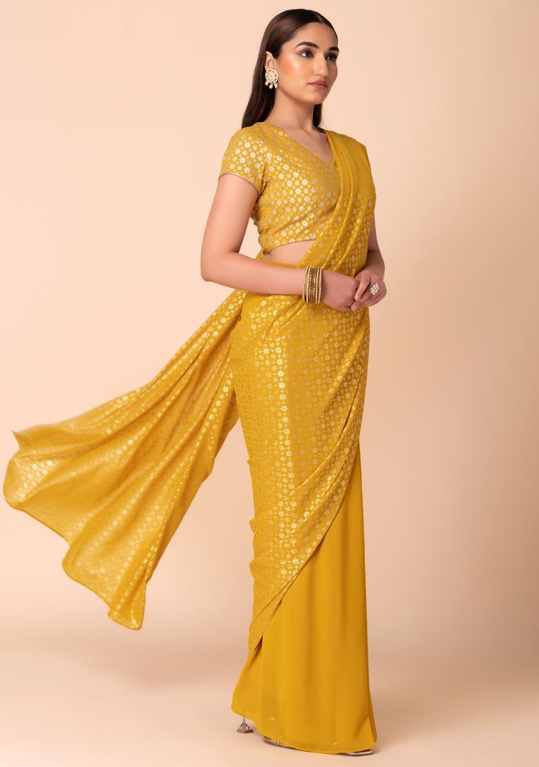 Mustard Yellow Foil Print Pre-Stitched Saree (Without Blouse)