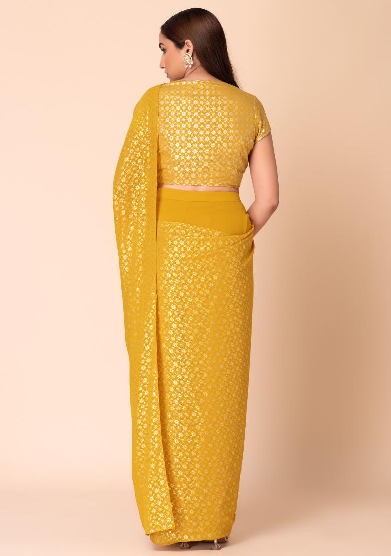 Mustard Yellow Foil Print Pre-Stitched Saree (Without Blouse)