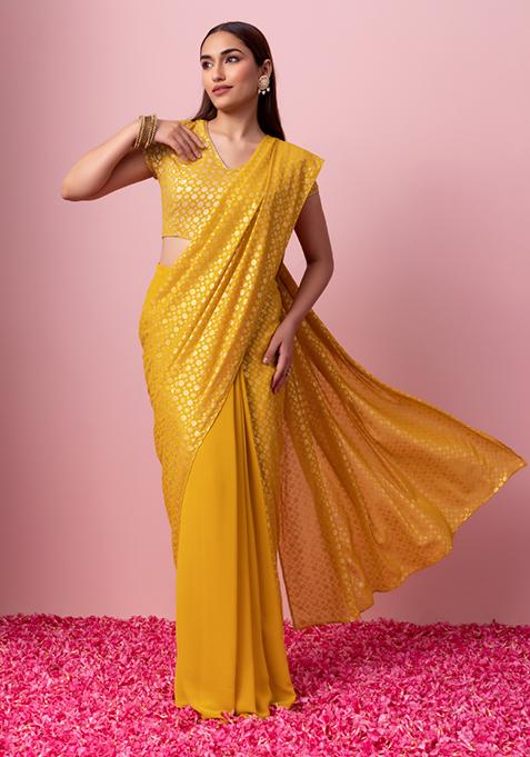 Mustard Yellow Foil Print Pre-Stitched Saree (Without Blouse)
