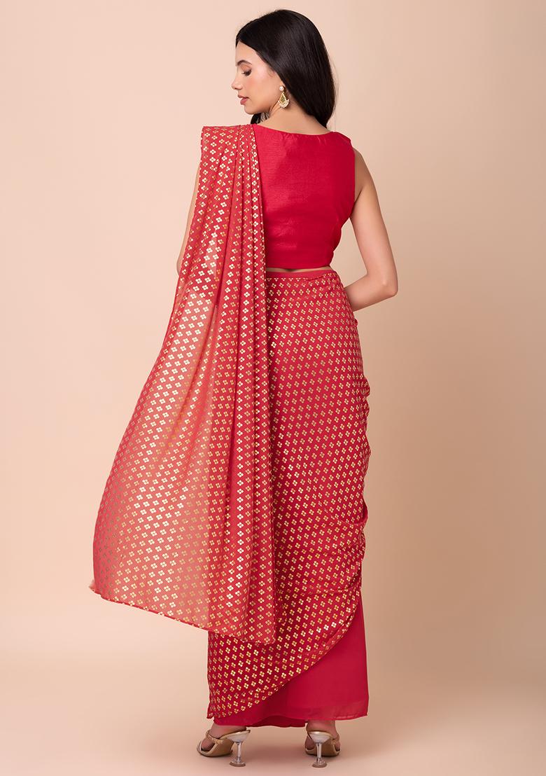 Pink Foil Print Pre-Stitched Saree (Without Blouse)
