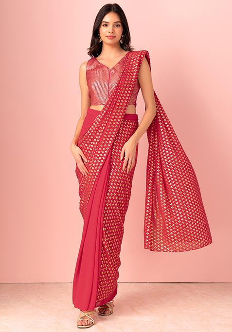 Pink Foil Print Pre-Stitched Saree (Without Blouse)