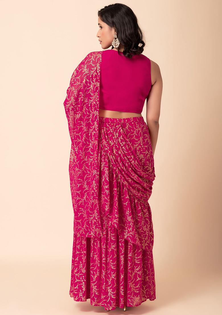 Dark Pink Foil Print Ruffled Pre-Stitched Saree (Without Blouse)