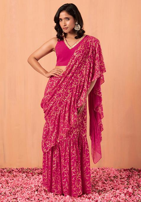 Dark Pink Foil Print Ruffled Pre-Stitched Saree (Without Blouse)