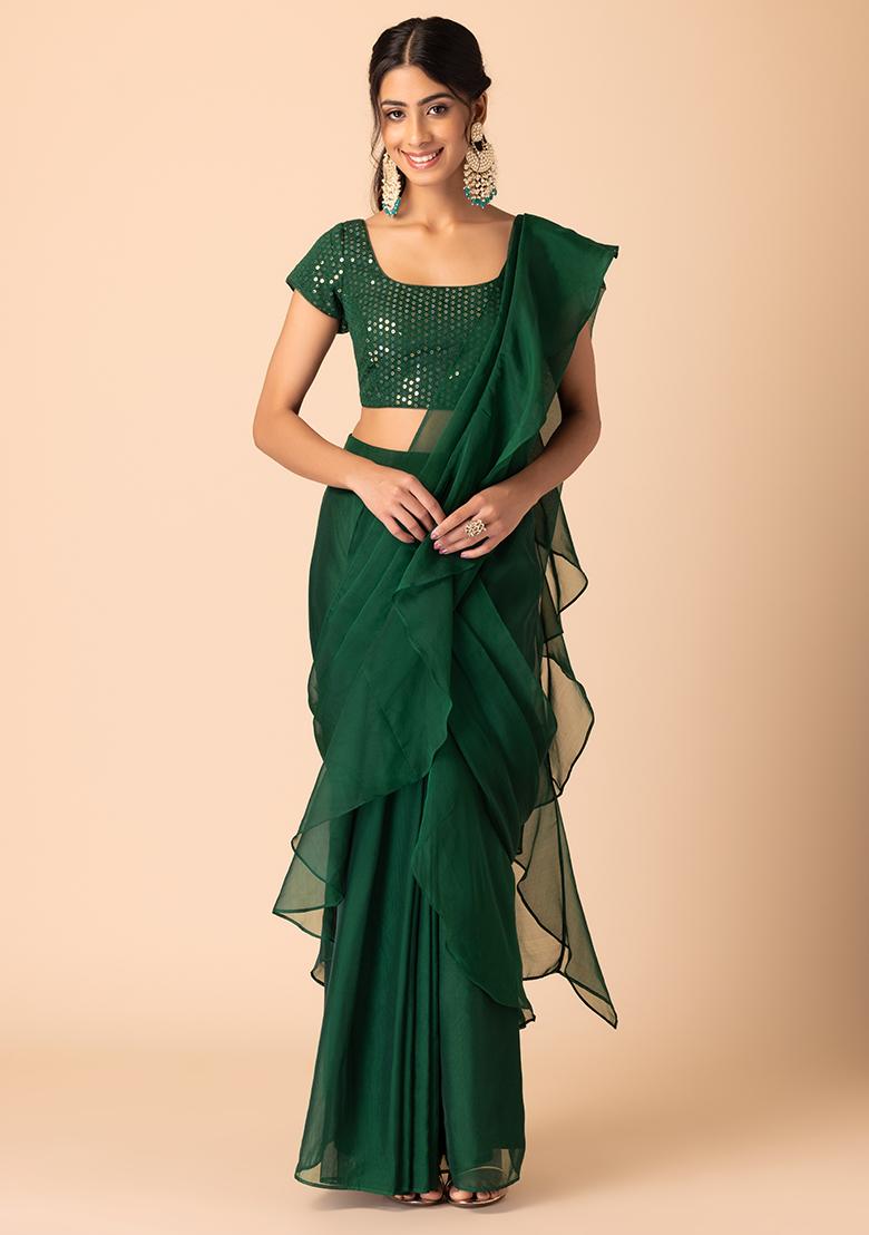 Green Ruffled Pre-Stitched Saree