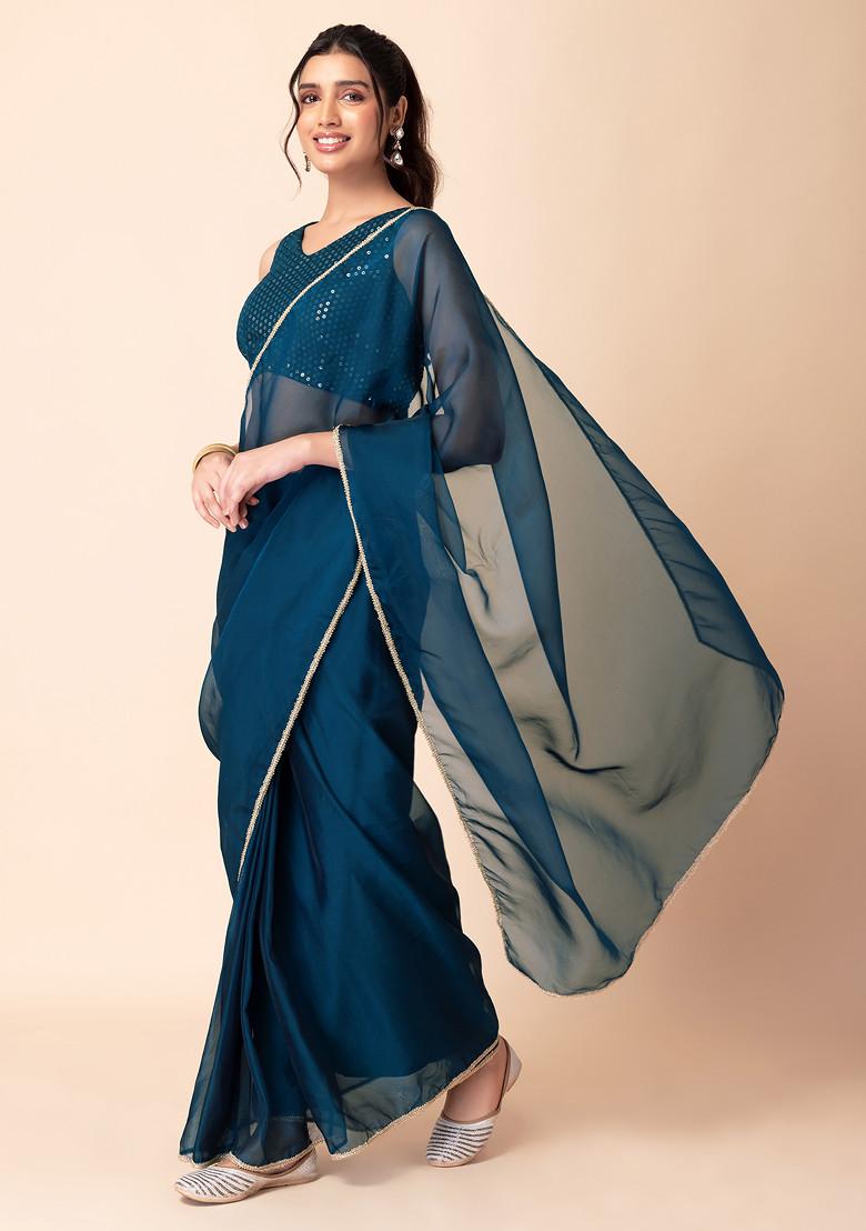 Teal Blue Pre-Stitched Silk Saree (Without Blouse)