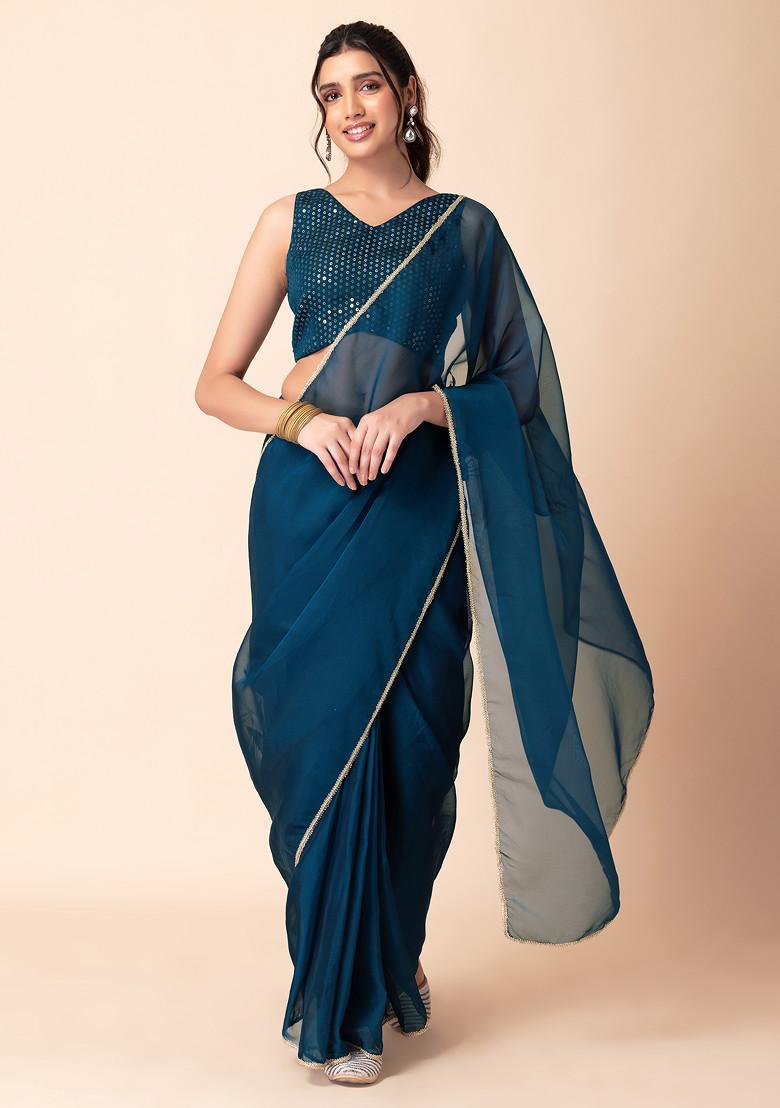 Teal Blue Pre-Stitched Silk Saree (Without Blouse)