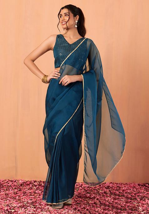 Teal Blue Pre-Stitched Silk Saree (Without Blouse)