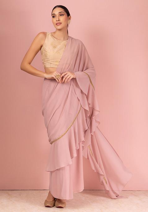 Light Pink Pre-Stitched Saree (Without Blouse)