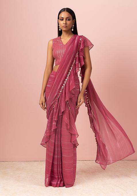 Pink Lurex Striped Pre-Stitched Saree (Without Blouse)