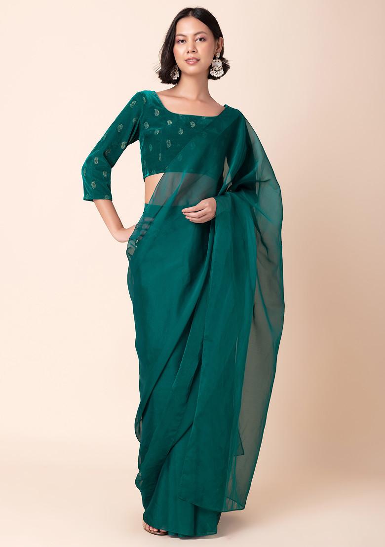Peacock Green Ruffled Pre-Stitched Saree (Without Blouse)