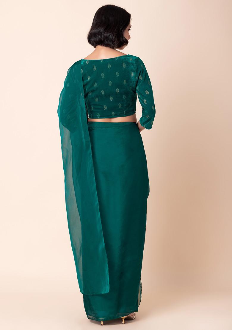 Peacock Green Ruffled Pre-Stitched Saree (Without Blouse)