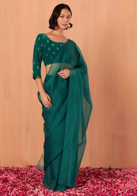 Peacock Green Ruffled Pre-Stitched Saree (Without Blouse)