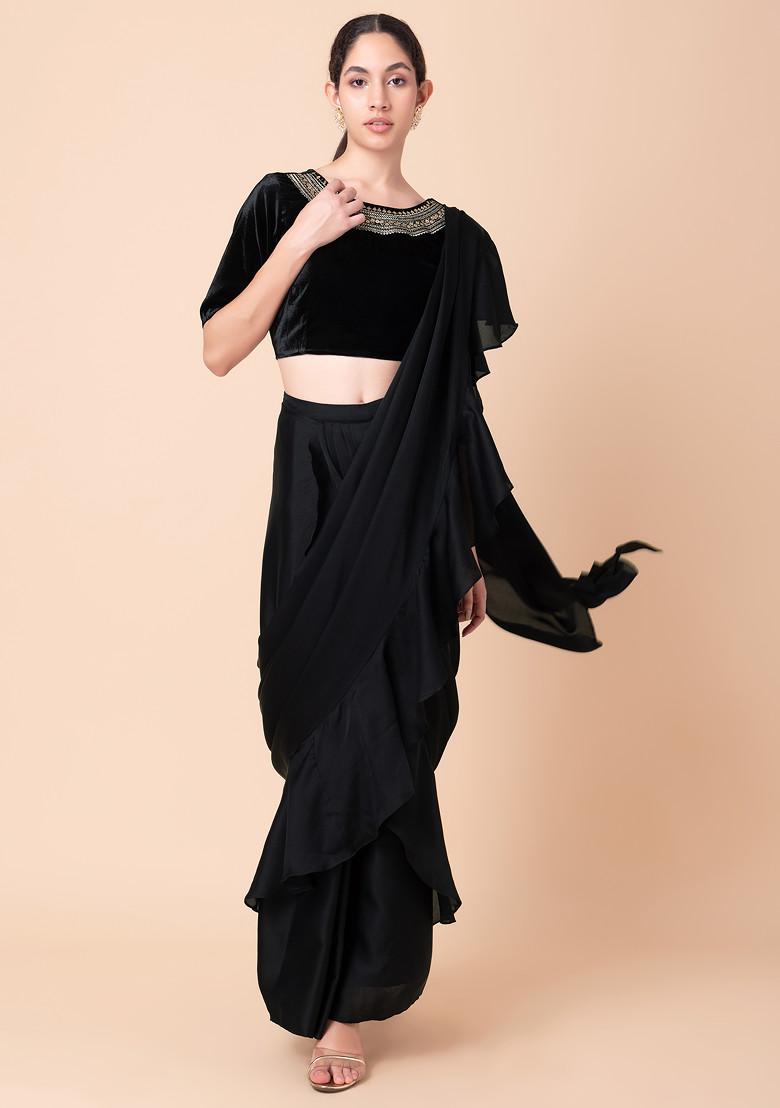 Black Satin Ruffled Pre-Stitched Saree (Without Blouse)