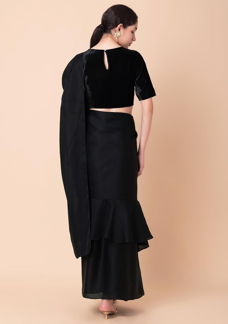 Black Satin Ruffled Pre-Stitched Saree (Without Blouse)