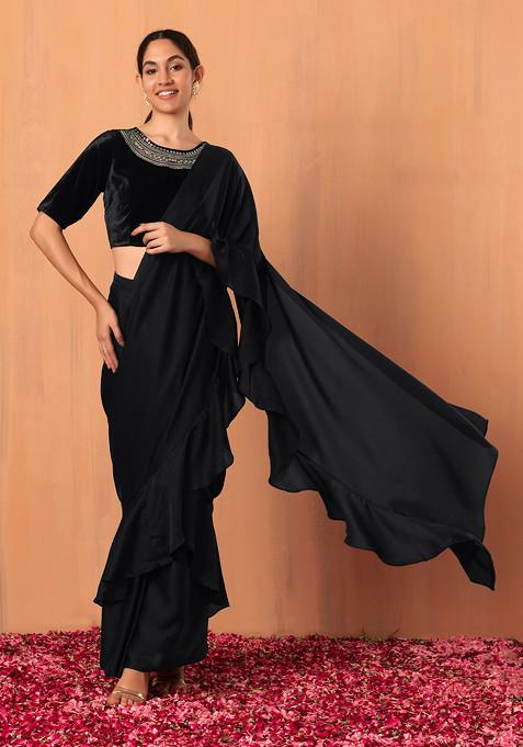 Black Satin Ruffled Pre-Stitched Saree (Without Blouse)