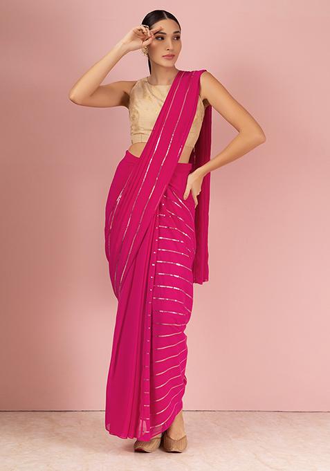 Dark Pink Striped Sequin Embroidered Pre-Stitched Saree (Without Blouse)