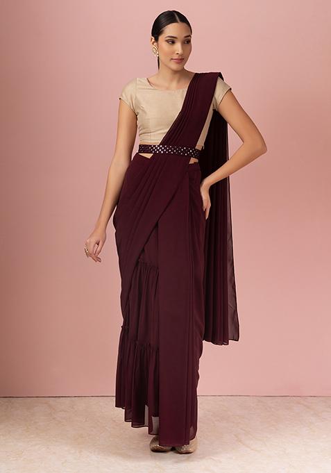 Dark Purple Tiered Pre-Stitched Saree (Without Blouse)