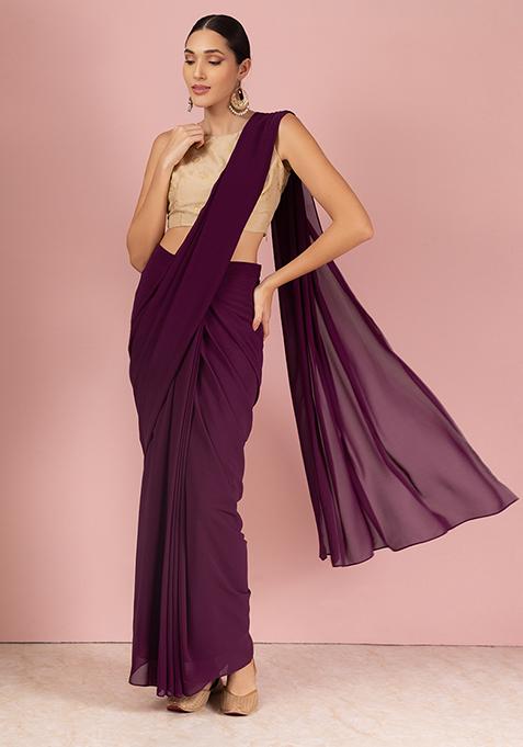 Purple Ruffled Pre-Stitched Saree (Without Blouse)
