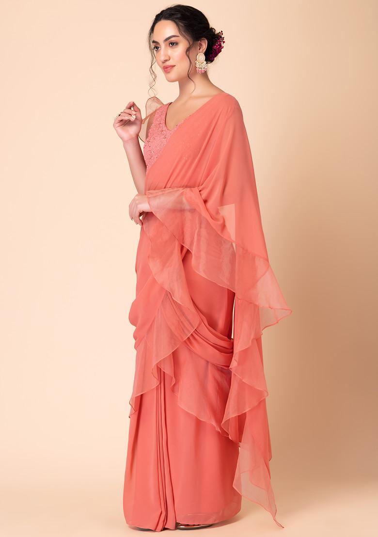 Pastel Pink Ruffled Pre-Stitched Saree (Without Blouse)