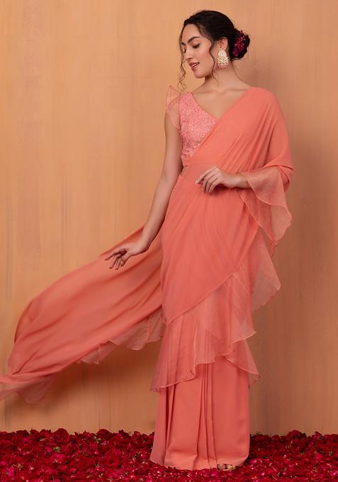 Pastel Pink Ruffled Pre-Stitched Saree (Without Blouse)