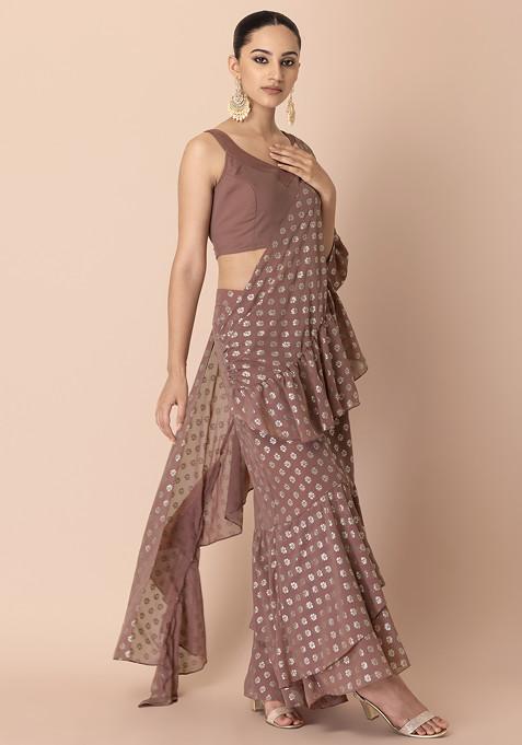 Dusty Pink Foil Print Pre-Stitched Saree (Without Blouse)