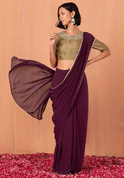 Wine Scallop Border Pre-Stitched Saree (Without Blouse)