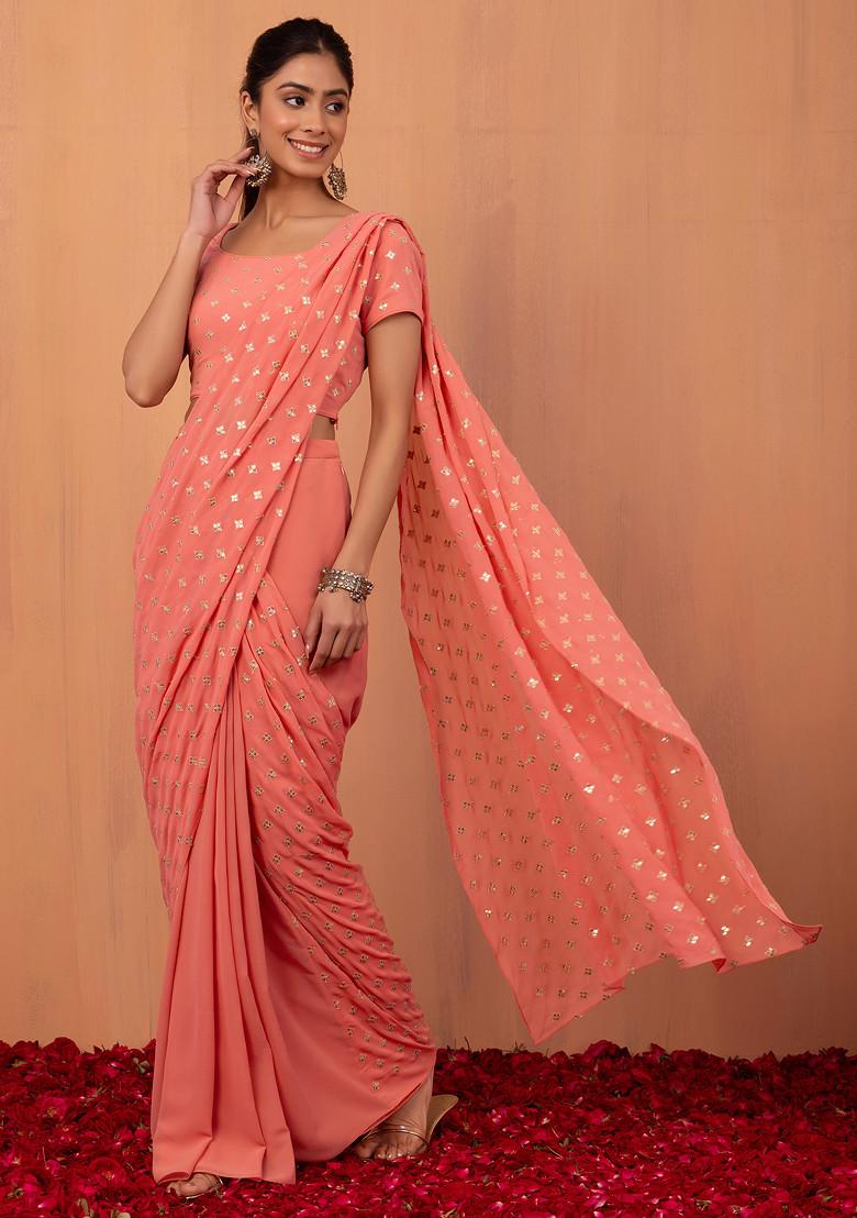 Buy Women Pastel Pink Boota Embroidered Pre-Stitched Saree (Without Blouse)  - Feed-Sarees - Indya