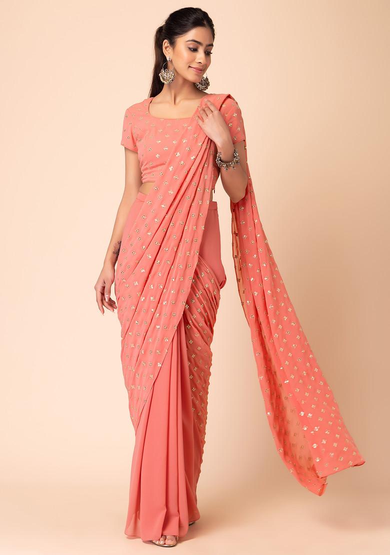 Pastel Pink Boota Embroidered Pre-Stitched Saree (Without Blouse)