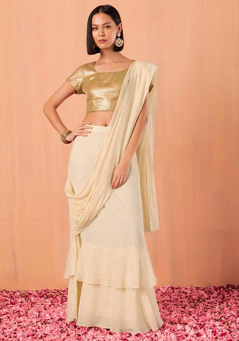 Off White Foil Print Pre-Stitched Saree (Without Blouse)