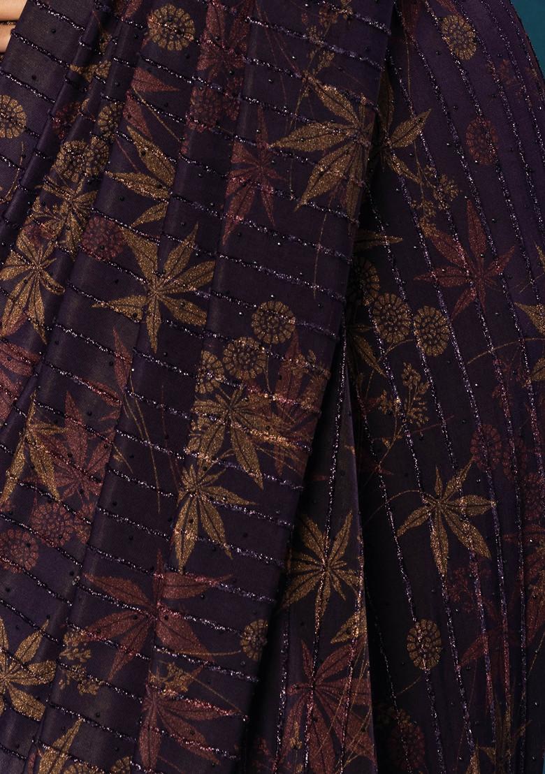 Blue Floral Print Shimmer Lycra Pre-Stitched Saree (Without Blouse) - Indya