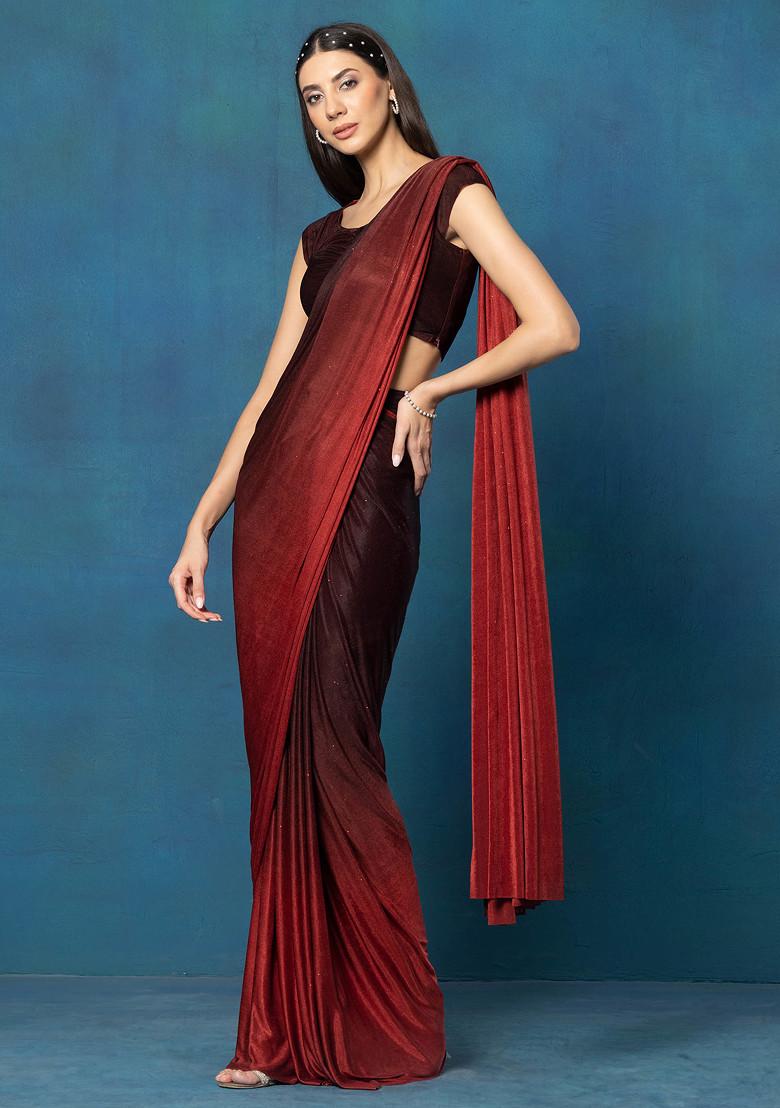 Draped Ruffled Lycra Pre-stitched Saree with Velvet Crystal Embellished Tassled Blouse