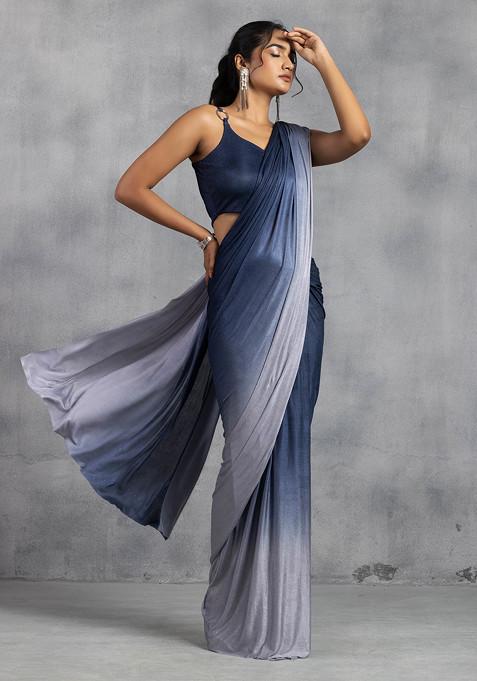 Blue Ombre Shimmer Lycra Pre-Stitched Saree (Without Blouse)