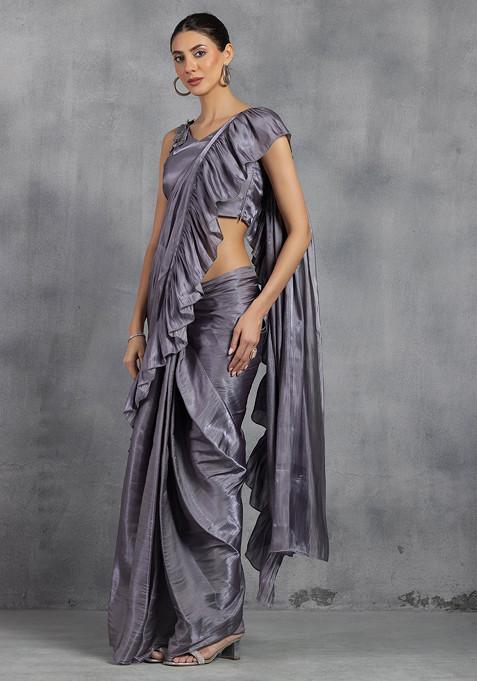 Grey Shimmer Satin Ruffled Pre-Stitched Saree (Without Blouse)