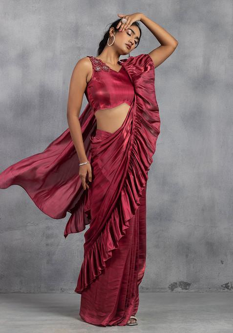 Red Shimmer Satin Ruffled Pre-Stitched Saree (Without Blouse)