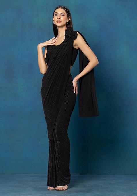 Black Foil Lycra Pre-Stitched Saree (Without Blouse)