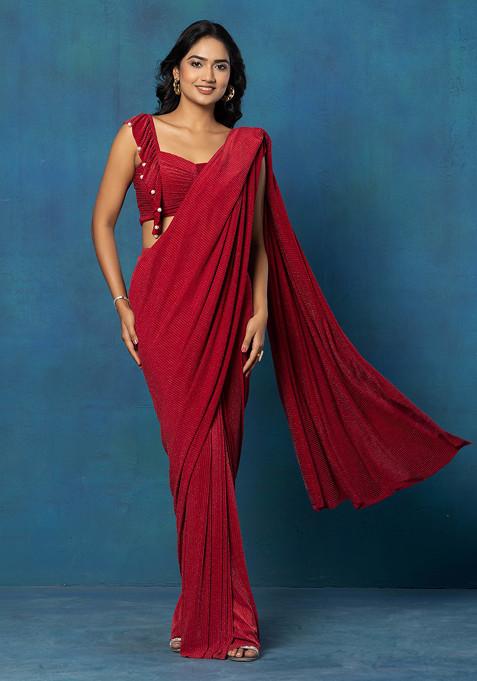 Maroon Foil Lycra Pre-Stitched Saree (Without Blouse)