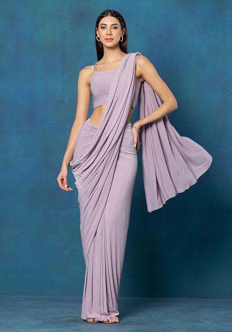 Lilac Striped Foil Lycra Pre-Stitched Saree (Without Blouse)