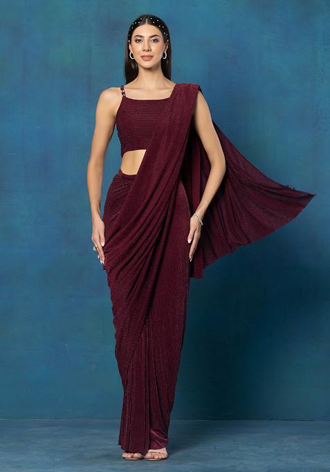 Wine Striped Foil Lycra Pre-Stitched Saree (Without Blouse)