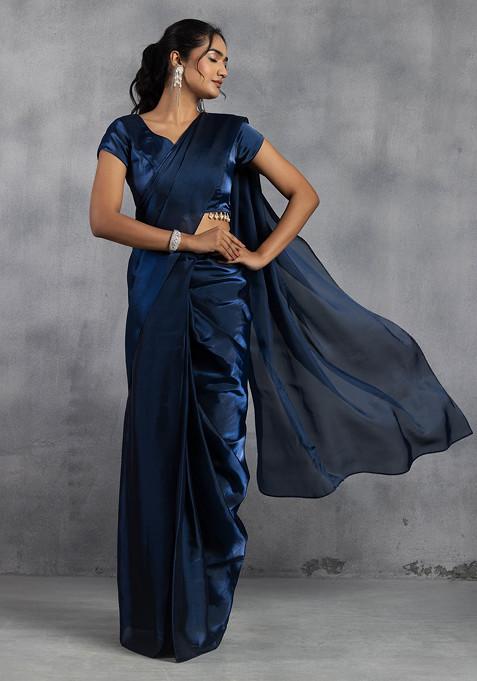 Blue Shimmer Organza Pre-Stitched Saree (Without Blouse)