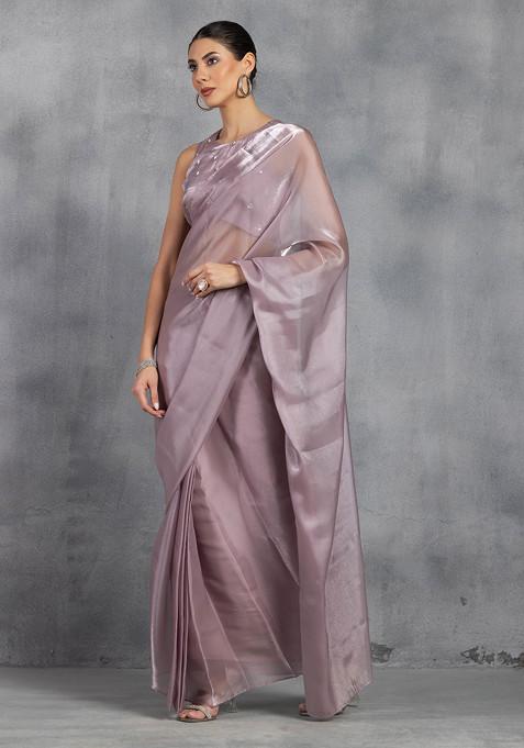 Dull Pink Shimmer Organza Pre-Stitched Saree (Without Blouse)