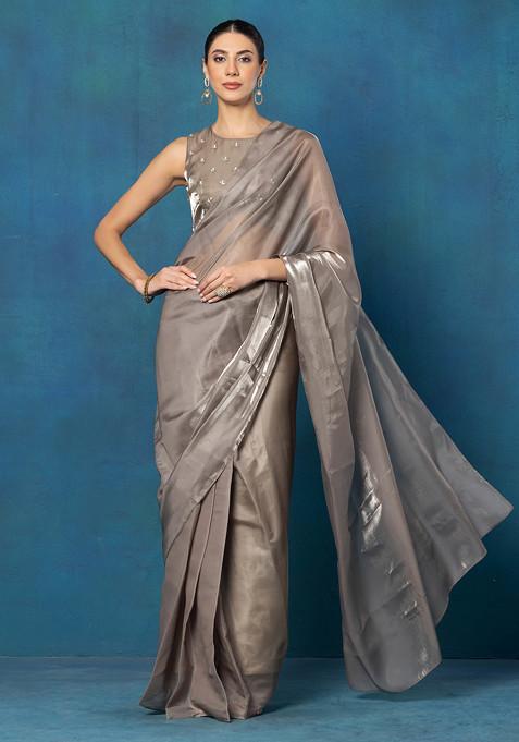 Grey Shimmer Organza Pre-Stitched Saree (Without Blouse)